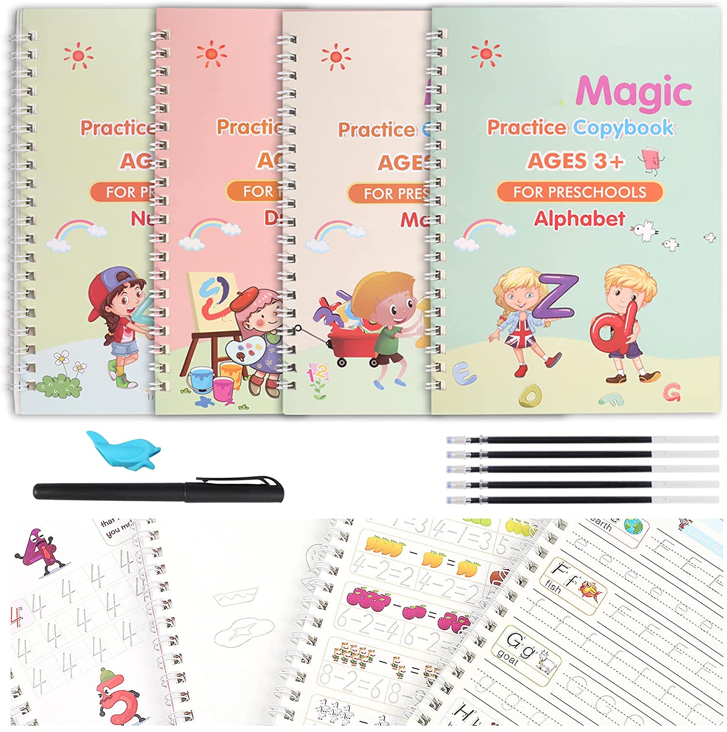 Magic Practice Copybook for kids, 4 Pack Calligraphy Set with Handwriting Pens for Beginners, Children Tracing Workbook for Drawing,Math,Numbers,English Alphabet